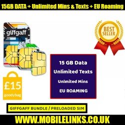 Giffgaff UK SIM 15GB DATA + Unlimited Mins & Texts + EU Roaming